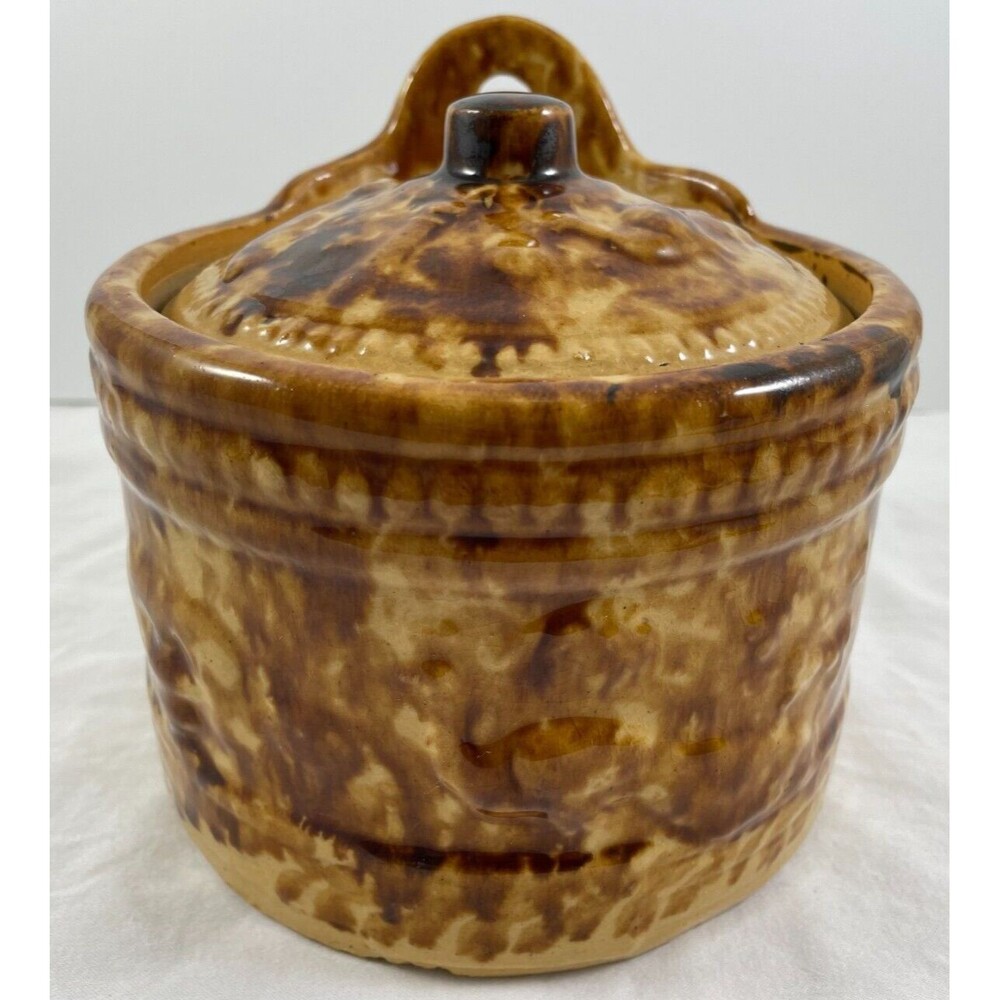 Hanging Salt Crock Spongeware Peacock Yellow Brown w/Lid Glazed Antique McCoy?